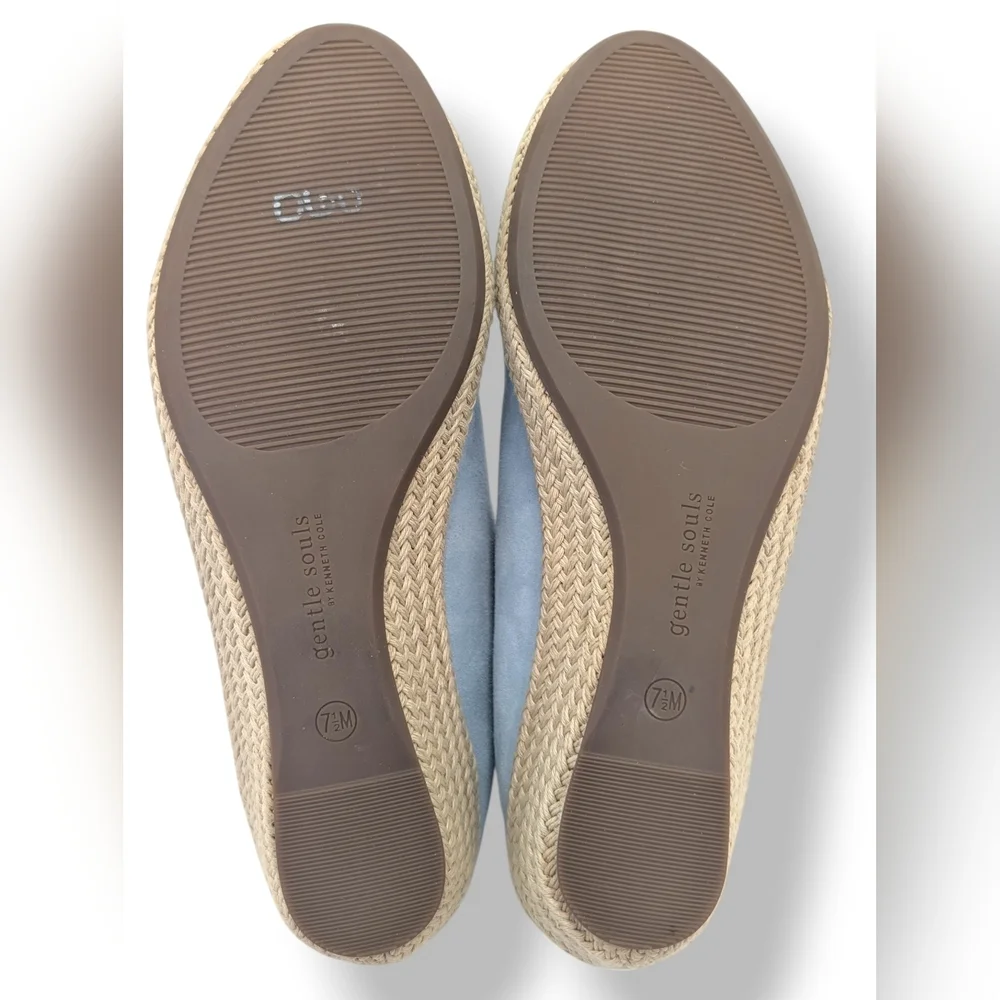Gentle Souls Lissa Ruffle Sz 7.5 Light Blue Suede Peep-Toe Espadrille Wedges